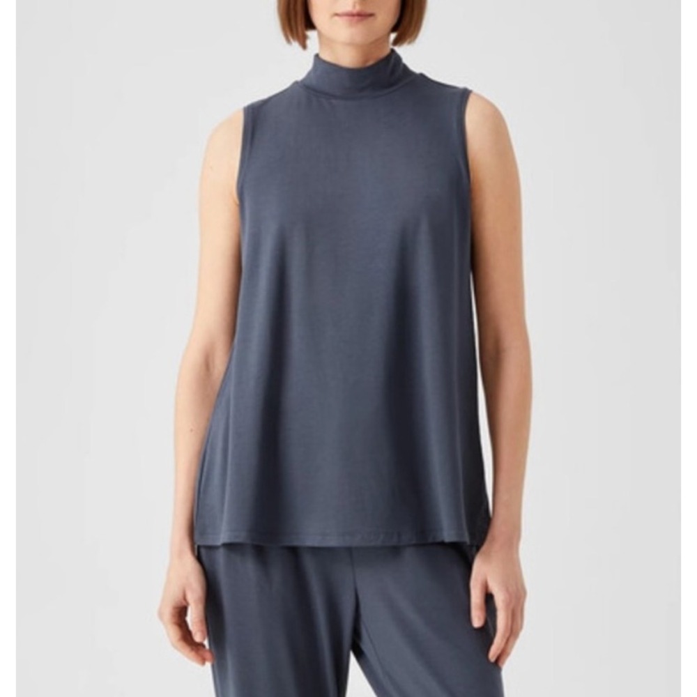 NEW Eileen Fisher Fine Jersey Mock Neck Tank Slate Blue Tencel Womens Size M